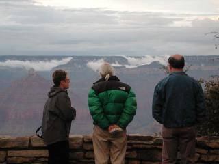 Jane, Barry, and John watching the fog from Bright Angel lodge